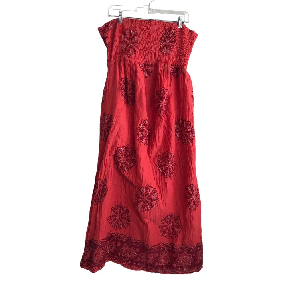 Shirred Strapless sun dress in coral